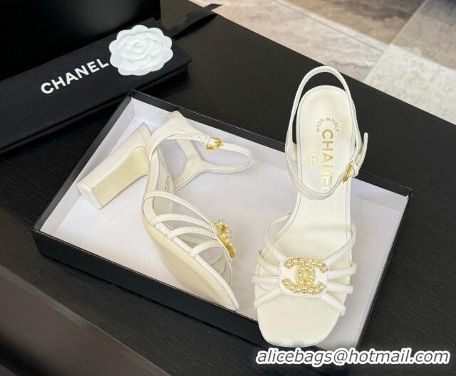 Best Price Chanel Lambskin Heel Sandals 8.5cm with CC Patch White 2025 G46274