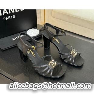 Stylish Chanel Lambskin Heel Sandals 8.5cm with CC Patch Black 2025 G46274