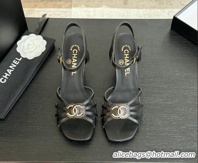 Stylish Chanel Lambskin Heel Sandals 8.5cm with CC Patch Black 2025 G46274