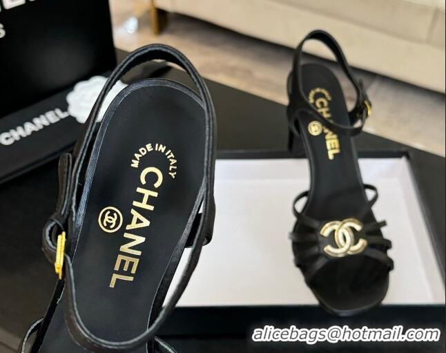 Stylish Chanel Lambskin Heel Sandals 8.5cm with CC Patch Black 2025 G46274