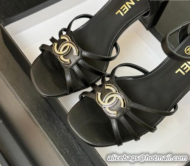 Stylish Chanel Lambskin Heel Sandals 8.5cm with CC Patch Black 2025 G46274