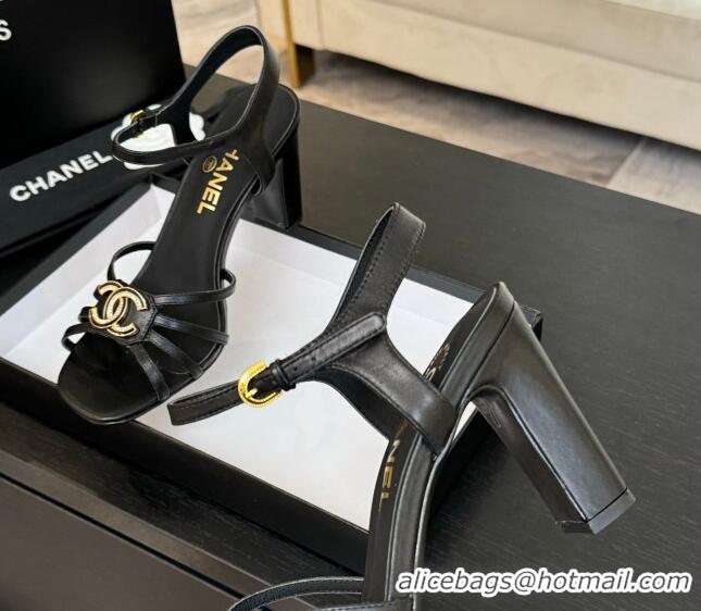 Stylish Chanel Lambskin Heel Sandals 8.5cm with CC Patch Black 2025 G46274