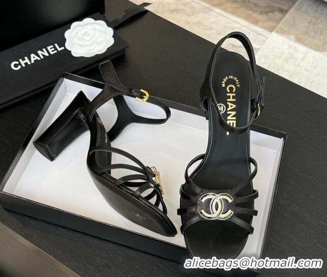 Stylish Chanel Lambskin Heel Sandals 8.5cm with CC Patch Black 2025 G46274