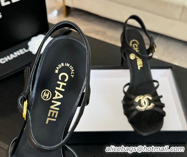 Stylish Chanel Lambskin Heel Sandals 8.5cm with CC Patch Black 2025 G46274