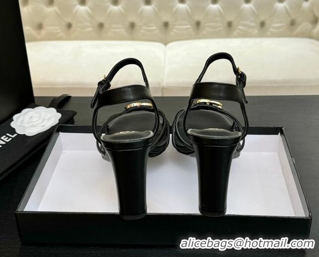 Stylish Chanel Lambskin Heel Sandals 8.5cm with CC Patch Black 2025 G46274