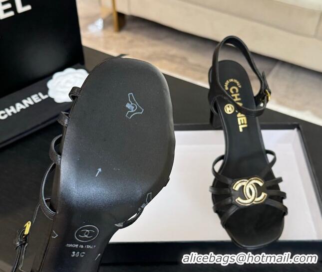 Stylish Chanel Lambskin Heel Sandals 8.5cm with CC Patch Black 2025 G46274
