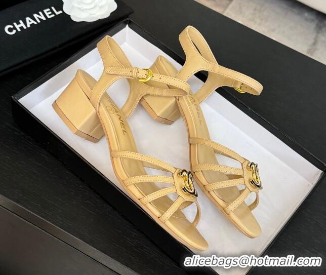 Good Product Chanel Lambskin Heel Sandals 4.5cm with CC Patch Beige 2025 G46274