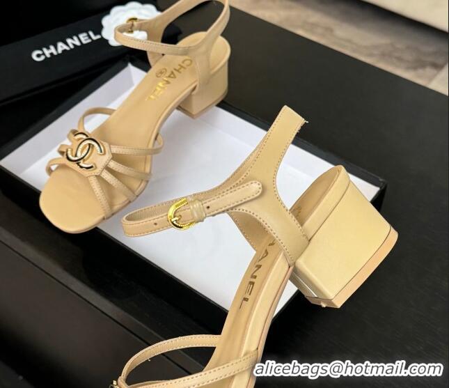 Good Product Chanel Lambskin Heel Sandals 4.5cm with CC Patch Beige 2025 G46274