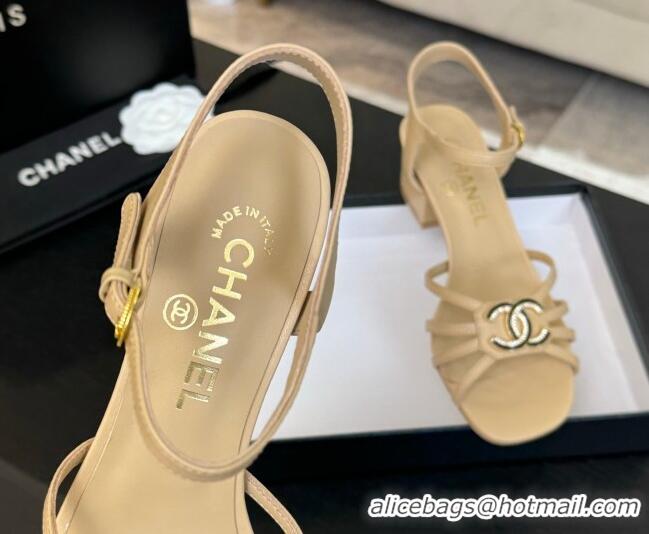 Good Product Chanel Lambskin Heel Sandals 4.5cm with CC Patch Beige 2025 G46274