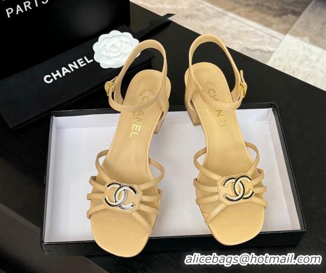 Good Product Chanel Lambskin Heel Sandals 4.5cm with CC Patch Beige 2025 G46274