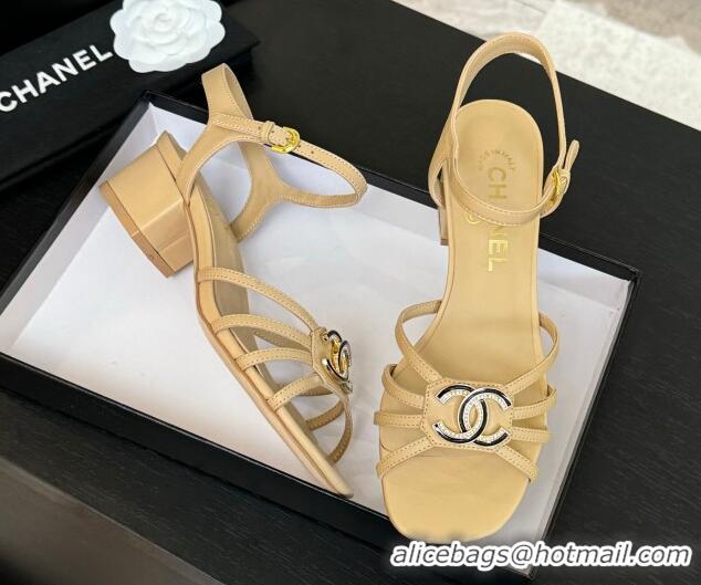 Good Product Chanel Lambskin Heel Sandals 4.5cm with CC Patch Beige 2025 G46274