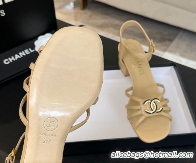 Good Product Chanel Lambskin Heel Sandals 4.5cm with CC Patch Beige 2025 G46274