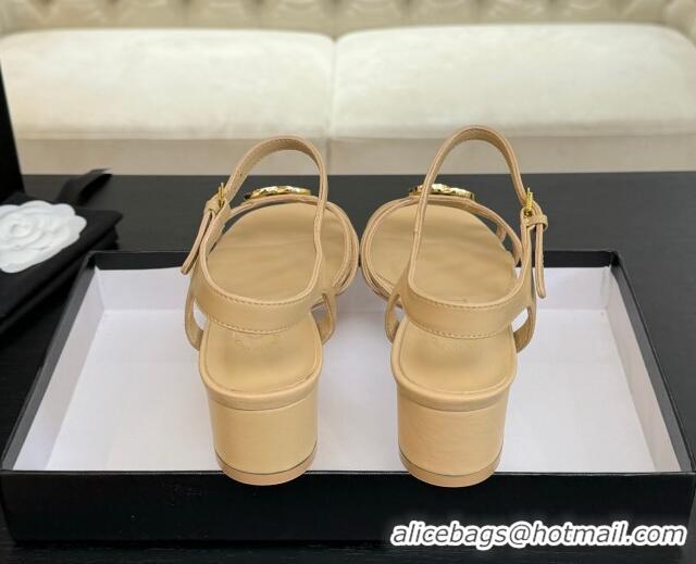 Good Product Chanel Lambskin Heel Sandals 4.5cm with CC Patch Beige 2025 G46274