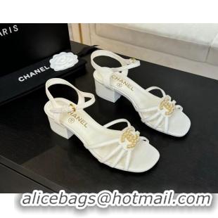 Shop Duplicate Chanel Lambskin Heel Sandals 4.5cm with CC Patch White 2025 G46274