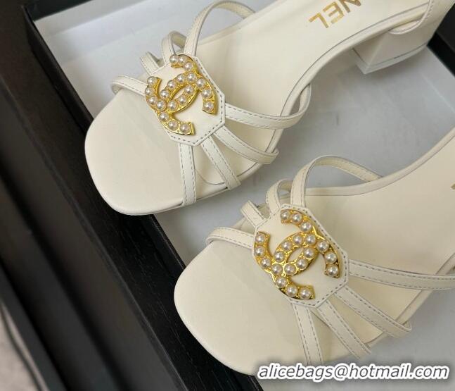 Shop Duplicate Chanel Lambskin Heel Sandals 4.5cm with CC Patch White 2025 G46274