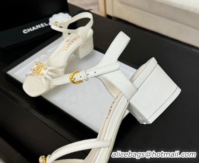Shop Duplicate Chanel Lambskin Heel Sandals 4.5cm with CC Patch White 2025 G46274