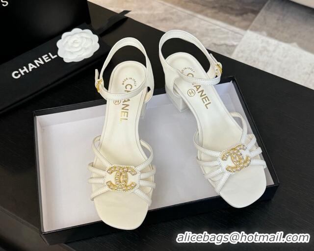 Shop Duplicate Chanel Lambskin Heel Sandals 4.5cm with CC Patch White 2025 G46274