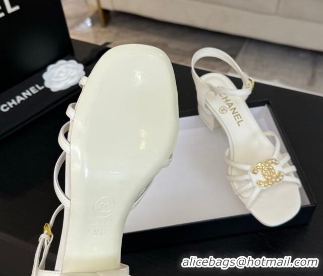 Shop Duplicate Chanel Lambskin Heel Sandals 4.5cm with CC Patch White 2025 G46274