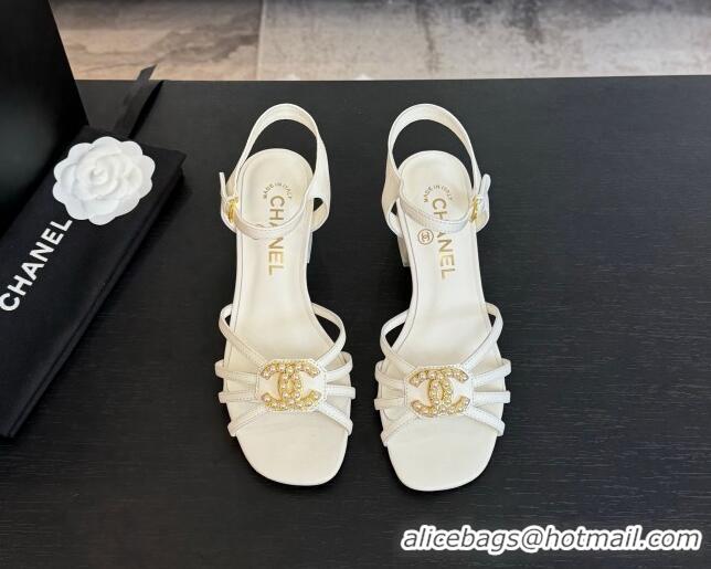 Shop Duplicate Chanel Lambskin Heel Sandals 4.5cm with CC Patch White 2025 G46274