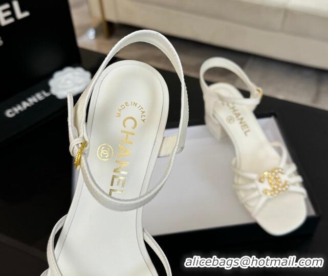 Shop Duplicate Chanel Lambskin Heel Sandals 4.5cm with CC Patch White 2025 G46274