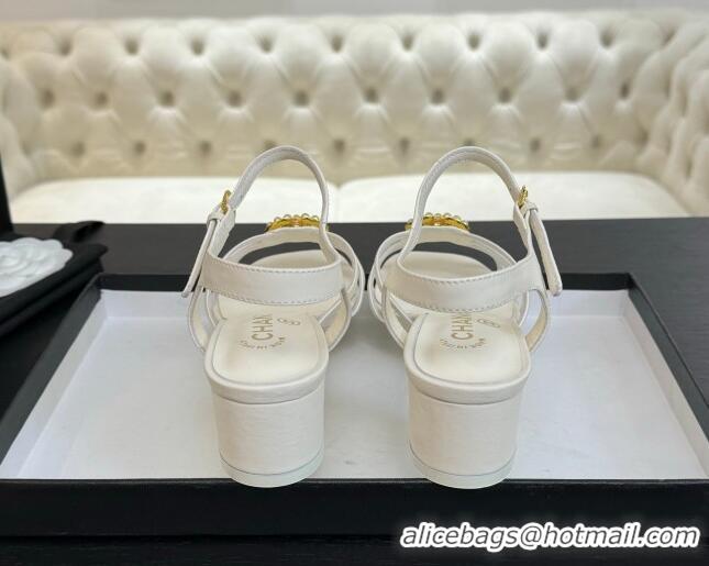Shop Duplicate Chanel Lambskin Heel Sandals 4.5cm with CC Patch White 2025 G46274
