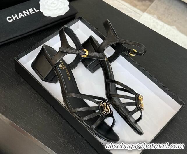 Good Looking Chanel Lambskin Heel Sandals 4.5cm with CC Patch Black 2025 G46274
