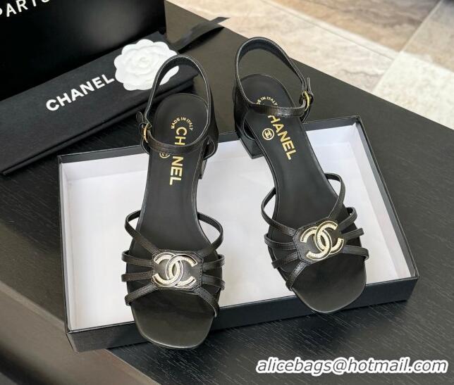 Good Looking Chanel Lambskin Heel Sandals 4.5cm with CC Patch Black 2025 G46274
