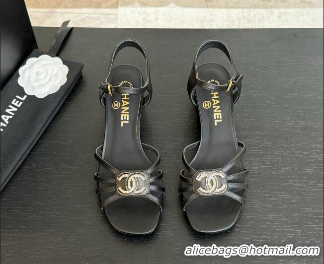 Good Looking Chanel Lambskin Heel Sandals 4.5cm with CC Patch Black 2025 G46274