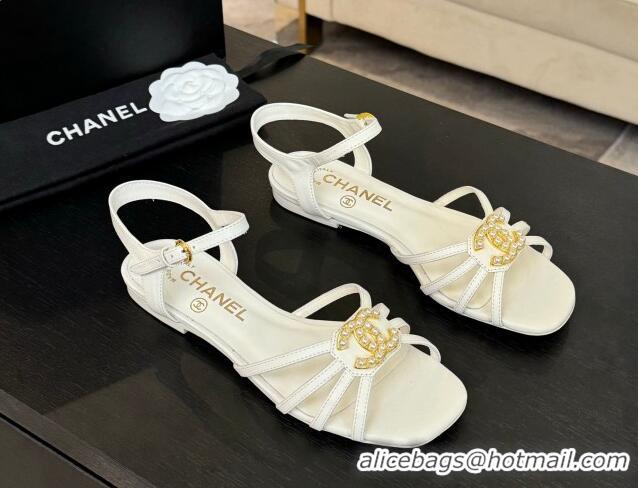 Best Product Chanel Lambskin Flat Sandals with CC Patch White 2025 G46275