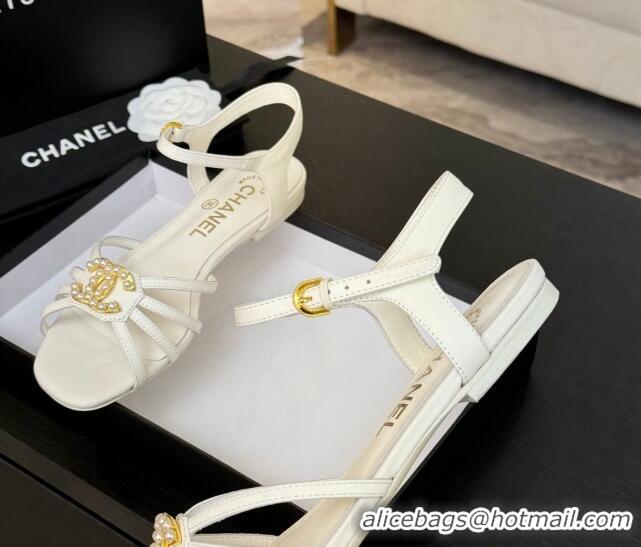 Best Product Chanel Lambskin Flat Sandals with CC Patch White 2025 G46275