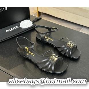 Shop Cheap Chanel Lambskin Flat Sandals with CC Patch Black 2025 G46275