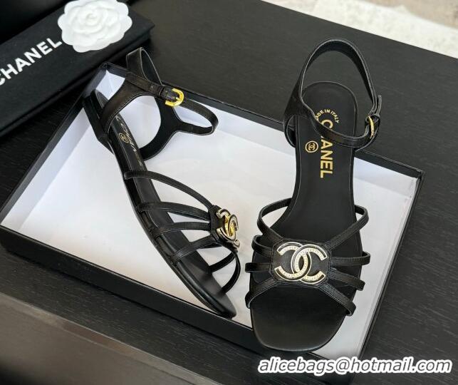Shop Cheap Chanel Lambskin Flat Sandals with CC Patch Black 2025 G46275