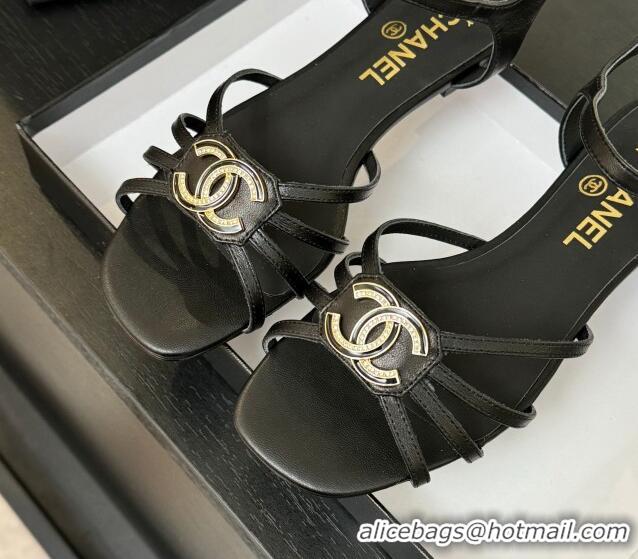 Shop Cheap Chanel Lambskin Flat Sandals with CC Patch Black 2025 G46275