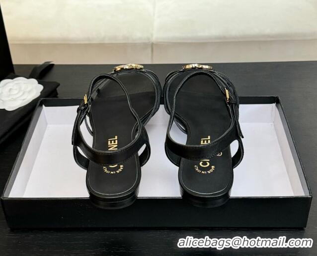 Shop Cheap Chanel Lambskin Flat Sandals with CC Patch Black 2025 G46275