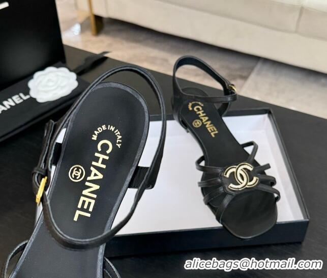 Shop Cheap Chanel Lambskin Flat Sandals with CC Patch Black 2025 G46275