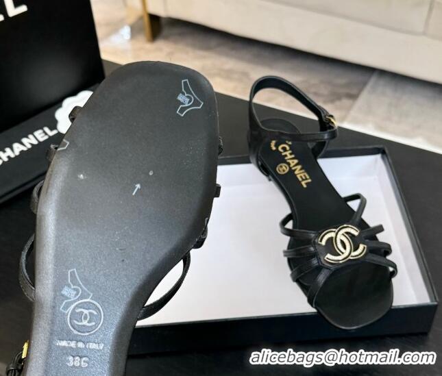 Shop Cheap Chanel Lambskin Flat Sandals with CC Patch Black 2025 G46275