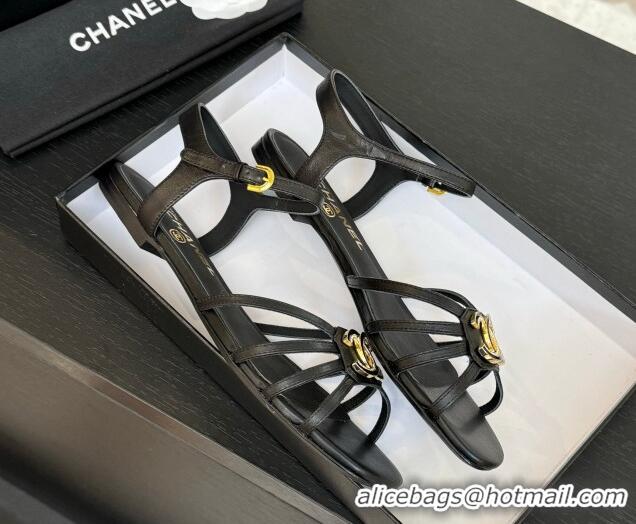 Shop Cheap Chanel Lambskin Flat Sandals with CC Patch Black 2025 G46275