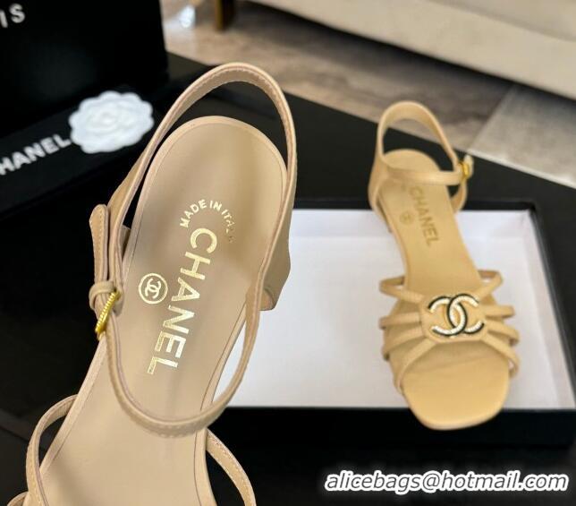 Buy Discount Chanel Lambskin Flat Sandals with CC Patch Beige 2025 G46275