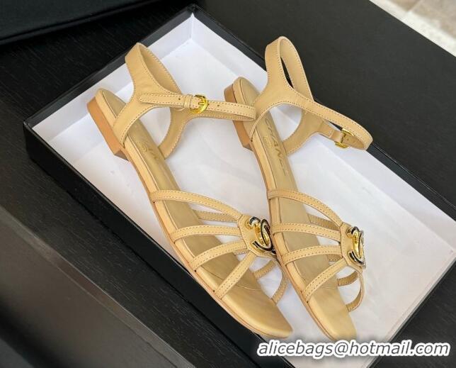 Buy Discount Chanel Lambskin Flat Sandals with CC Patch Beige 2025 G46275