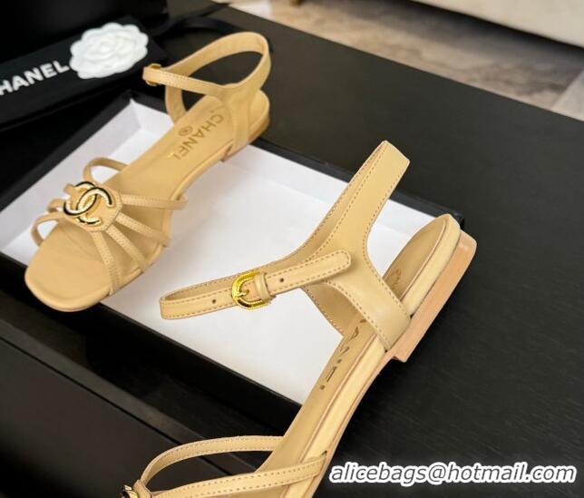 Buy Discount Chanel Lambskin Flat Sandals with CC Patch Beige 2025 G46275