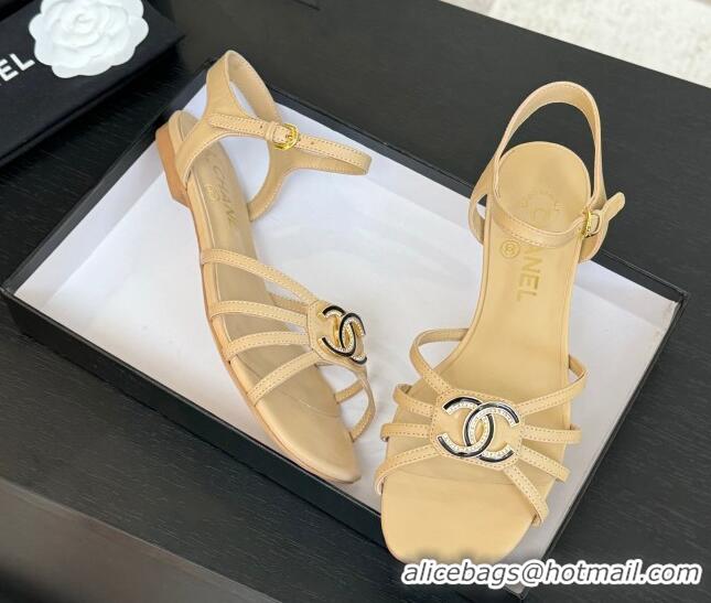 Buy Discount Chanel Lambskin Flat Sandals with CC Patch Beige 2025 G46275