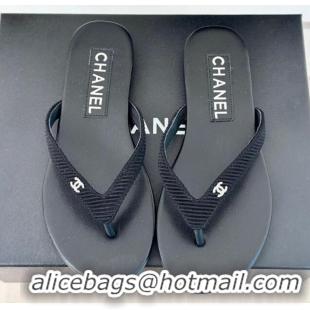 Charming Chanel Ribbed Fabric Flat Thong Slide Sandals with Strass CC Black 2025 G45716