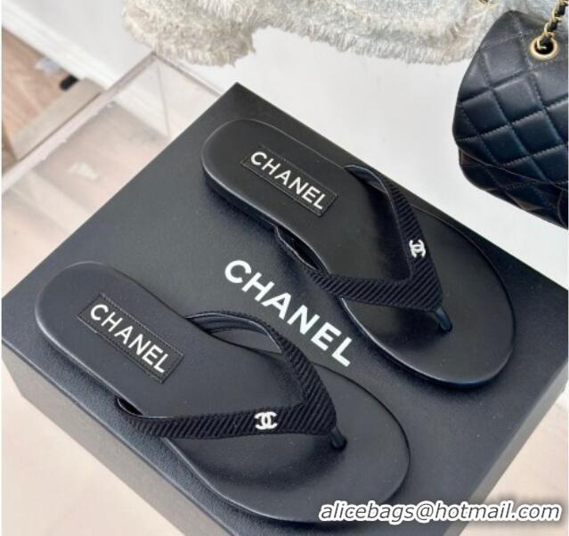 Charming Chanel Ribbed Fabric Flat Thong Slide Sandals with Strass CC Black 2025 G45716