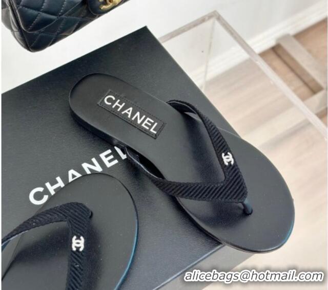 Charming Chanel Ribbed Fabric Flat Thong Slide Sandals with Strass CC Black 2025 G45716