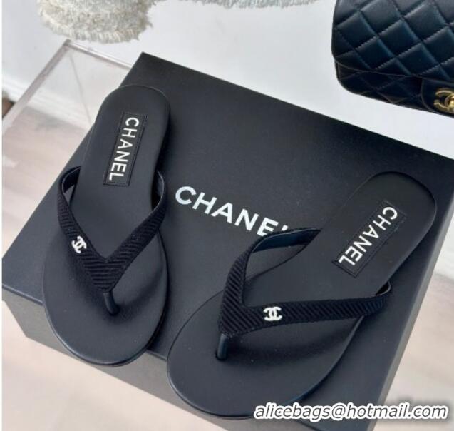 Charming Chanel Ribbed Fabric Flat Thong Slide Sandals with Strass CC Black 2025 G45716