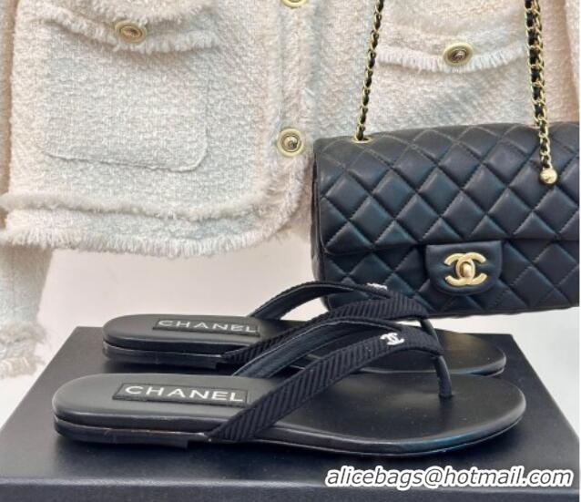 Charming Chanel Ribbed Fabric Flat Thong Slide Sandals with Strass CC Black 2025 G45716