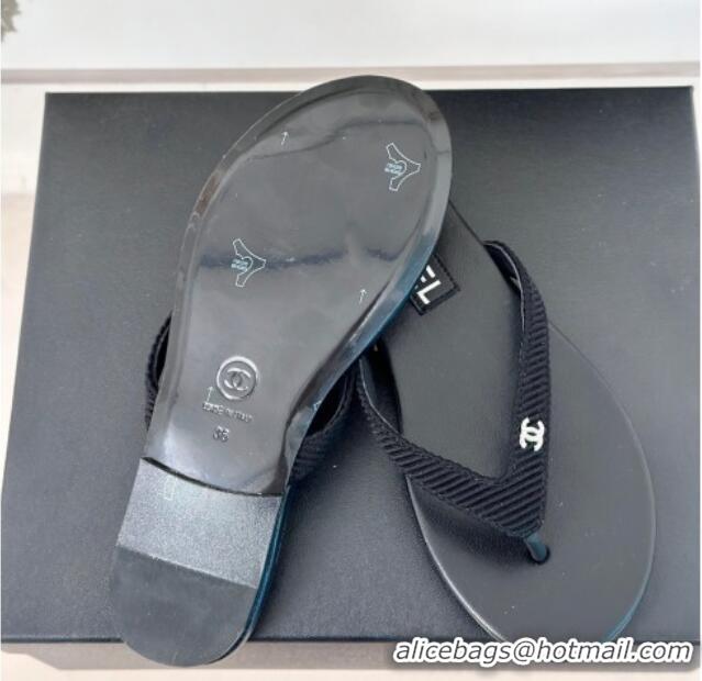 Charming Chanel Ribbed Fabric Flat Thong Slide Sandals with Strass CC Black 2025 G45716