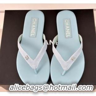 Most Popular Chanel Ribbed Fabric Flat Thong Slide Sandals with Strass CC Blue 2025 G45716