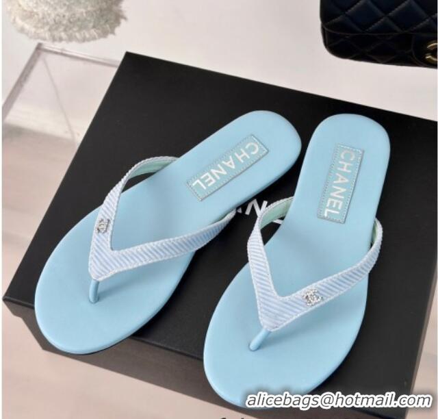 Most Popular Chanel Ribbed Fabric Flat Thong Slide Sandals with Strass CC Blue 2025 G45716
