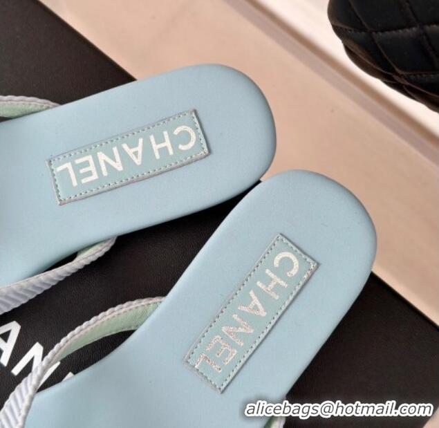 Most Popular Chanel Ribbed Fabric Flat Thong Slide Sandals with Strass CC Blue 2025 G45716